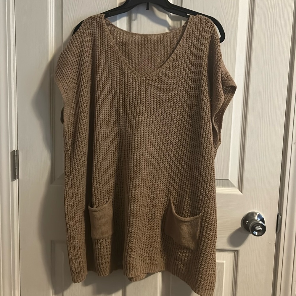 SHEIN Tan Knit V-Neck Sleeveless Sweater Tunic with Pockets